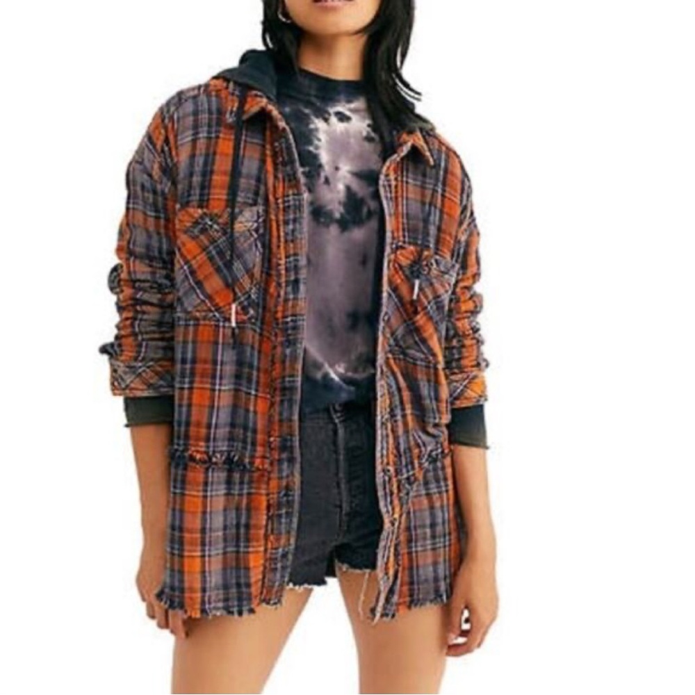 Free People Orange & Navy Plaid Hooded Shacket
